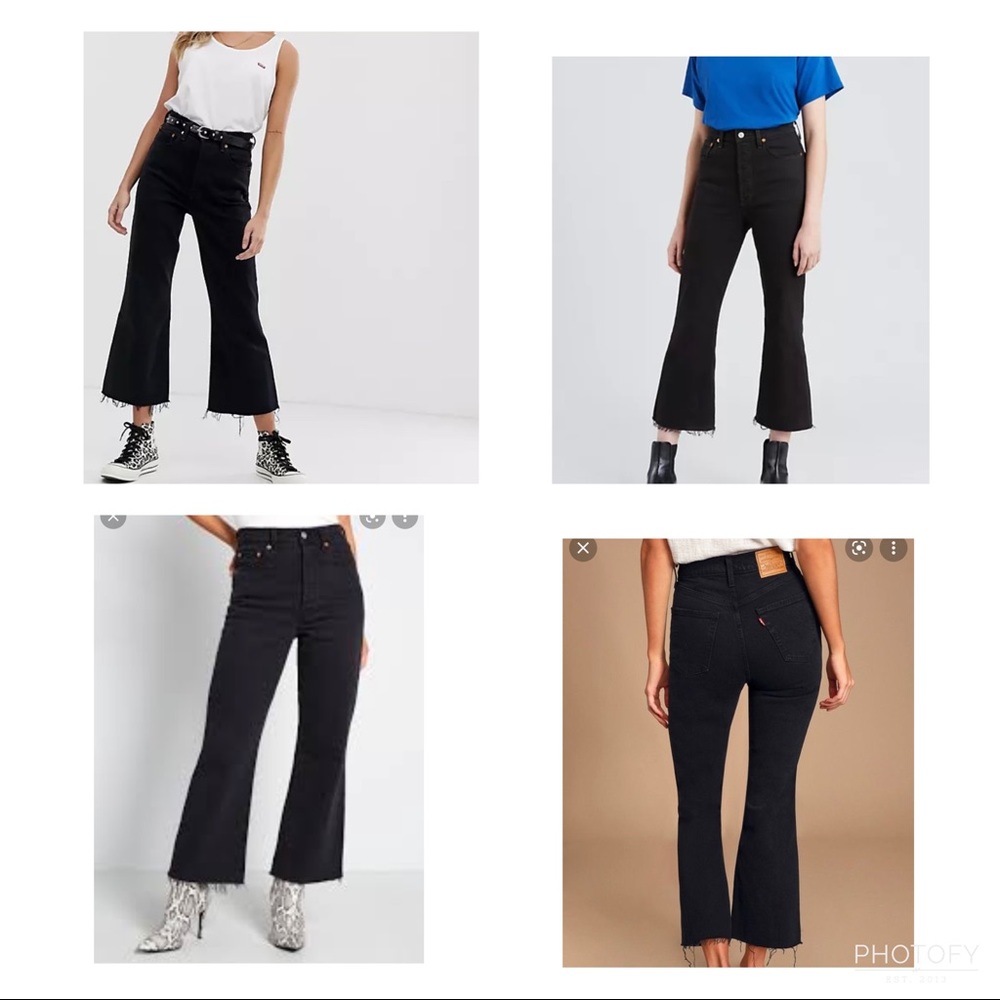 Levis Ribcage Cropped Flare Black Jeans Raw Hem Sz 32 Boho Edgy Streetwear Chic